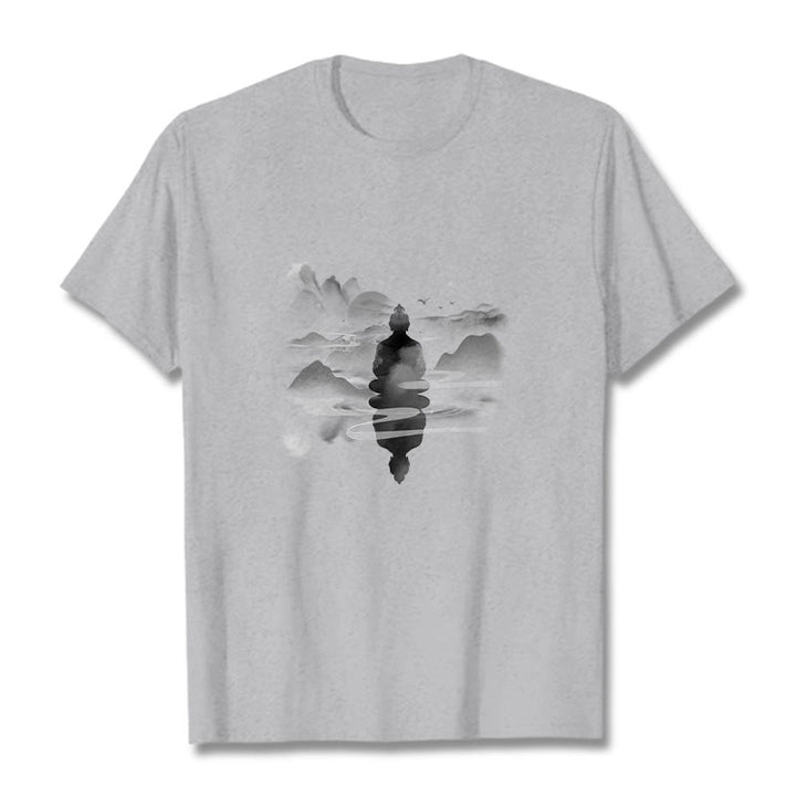 Buddha Stones Medytujący Budda Siedzący W Górach Wzór Bawełniana Koszulka T-shirt - Jasnoszary - 2XL - image 19