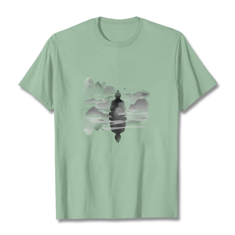 Buddha Stones Medytujący Budda Siedzący W Górach Wzór Bawełniana Koszulka T-shirt - Jasnozielony - 2XL - image 12