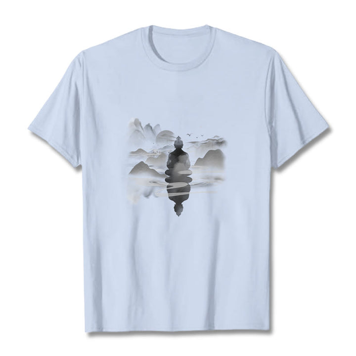 Buddha Stones Medytujący Budda Siedzący W Górach Wzór Bawełniana Koszulka T-shirt - Jasnoniebieski - 2XL - image 19