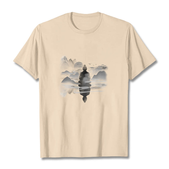 Buddha Stones Medytujący Budda Siedzący W Górach Wzór Bawełniana Koszulka T-shirt - For - 2XL - image 16