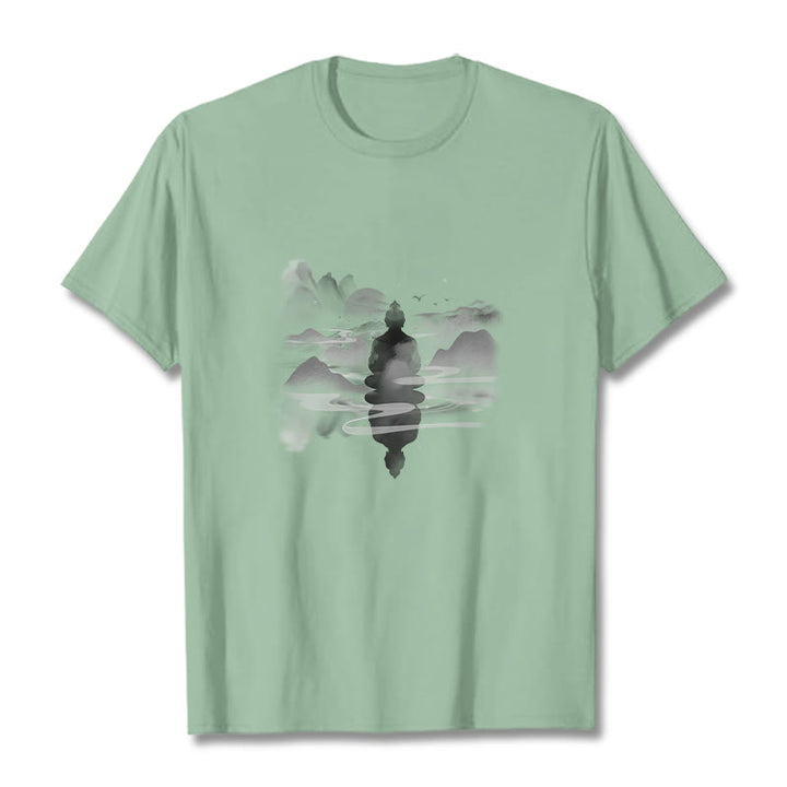 Buddha Stones Medytujący Budda Siedzący W Górach Wzór Bawełniana Koszulka T-shirt - Jasnozielony - 2XL - image 13