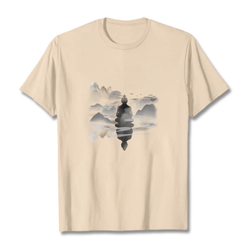 Buddha Stones Medytujący Budda Siedzący W Górach Wzór Bawełniana Koszulka T-shirt - For - 2XL - image 17