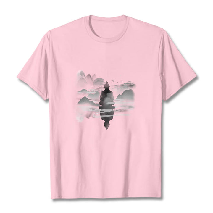 Buddha Stones Medytujący Budda Siedzący W Górach Wzór Bawełniana Koszulka T-shirt - Jasnoróżowy - 2XL - image 8