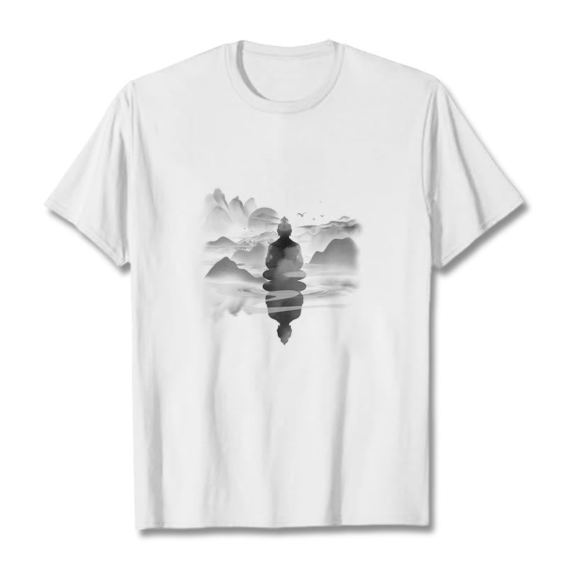 Buddha Stones Medytujący Budda Siedzący W Górach Wzór Bawełniana Koszulka T-shirt - Biały - 2XL - image 6