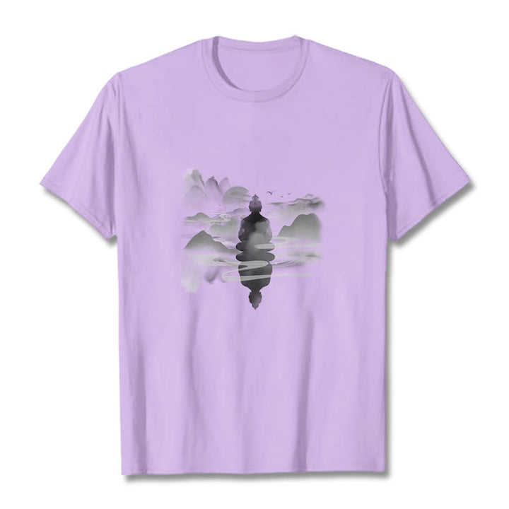 Buddha Stones Medytujący Budda Siedzący W Górach Wzór Bawełniana Koszulka T-shirt - Śliwka - 2XL - image 14