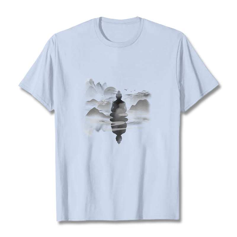 Buddha Stones Medytujący Budda Siedzący W Górach Wzór Bawełniana Koszulka T-shirt - Jasnoniebieski - 2XL - image 18