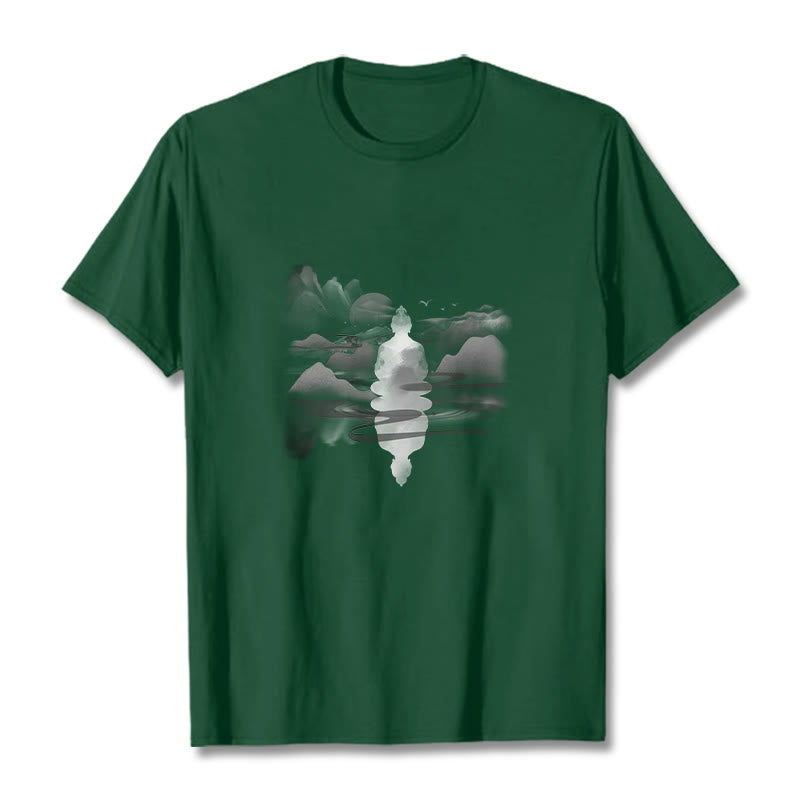 Buddha Stones Medytujący Budda Siedzący W Górach Wzór Bawełniana Koszulka T-shirt - Leśna zieleń - 2XL - image 10