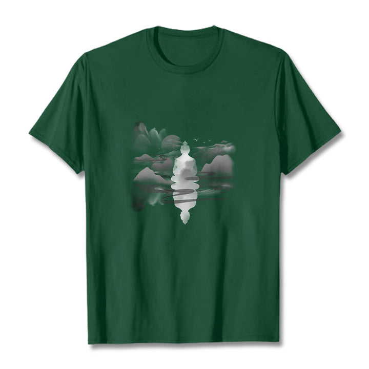Buddha Stones Medytujący Budda Siedzący W Górach Wzór Bawełniana Koszulka T-shirt - Leśna zieleń - 2XL - image 10