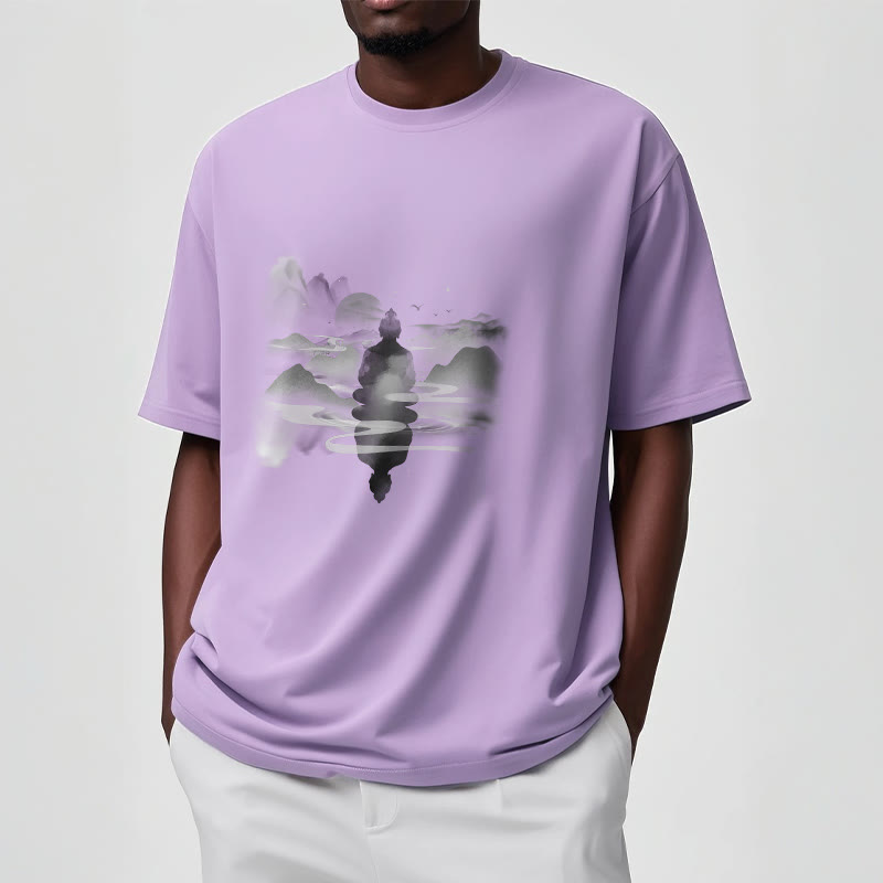 Buddha Stones Medytujący Budda Siedzący W Górach Wzór Bawełniana Koszulka T-shirt - image 15