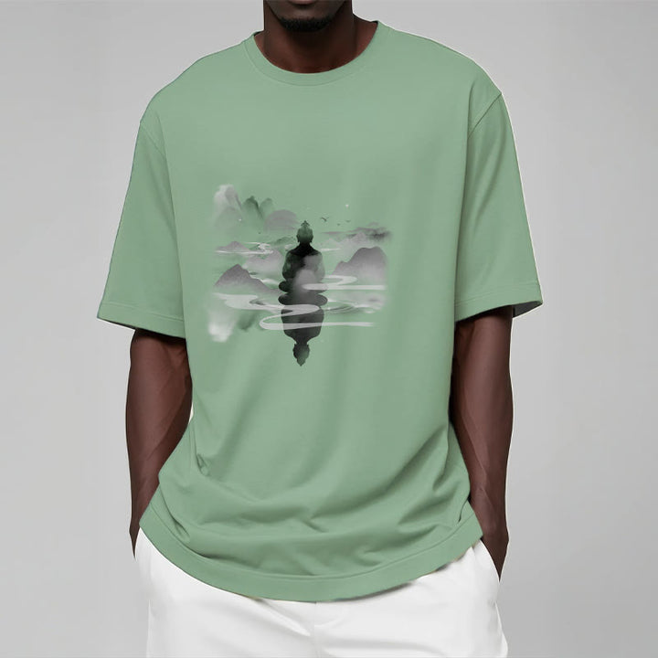 Buddha Stones Medytujący Budda Siedzący W Górach Wzór Bawełniana Koszulka T-shirt - image 14