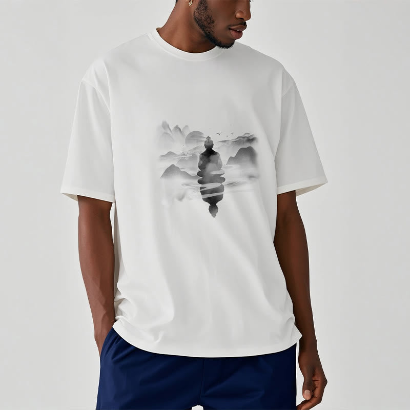 Buddha Stones Medytujący Budda Siedzący W Górach Wzór Bawełniana Koszulka T-shirt - image 7