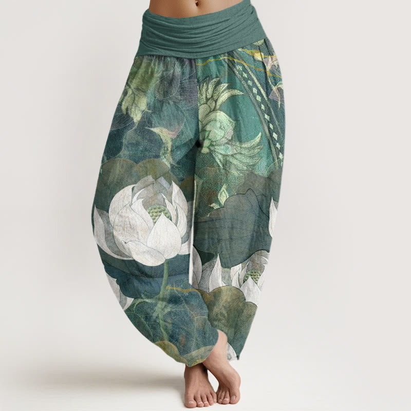Spodnie haremowe damskie z elastycznym pasem i bawełnianą talią w białe Buddha Stones - SeaGreen - US22, UK/AU26, EU54 (6XL) - image 0