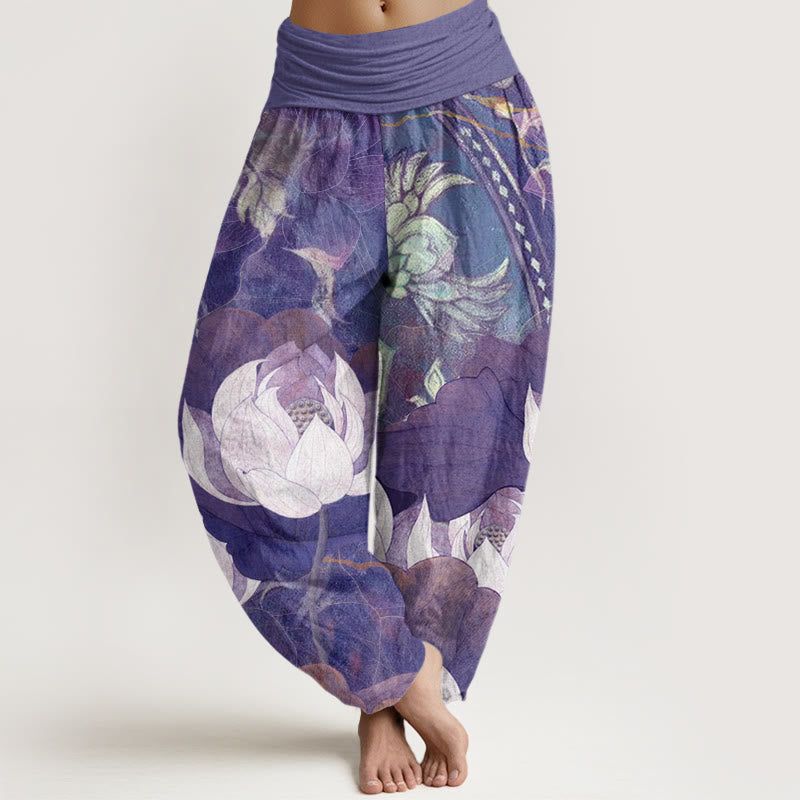 Spodnie haremowe damskie z elastycznym pasem i bawełnianą talią w białe Buddha Stones - Średniofioletowy - US22, UK/AU26, EU54 (6XL) - image 5