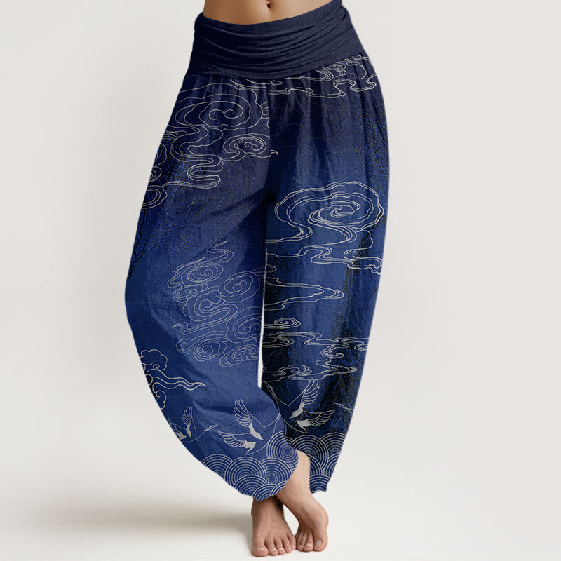 Buddha Stones Białe Pomyślne Chmury Ptaki Drzewo Wzór Damskie Elastyczne Spodnie Harem - Ciemnoniebieski - US22, UK/AU26, EU54 (6XL) - image 0