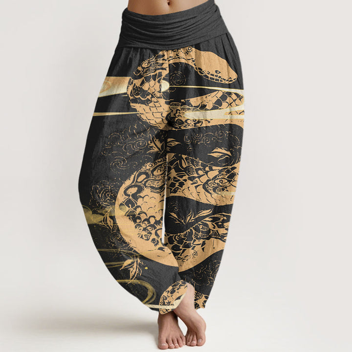 Damskie spodnie haremowe z elastyczną talią i bawełnianymi, Buddha Stones, chmurami pomyślności i wzorem węża - Czarny - US22, UK/AU26, EU54 (6XL) - image 0