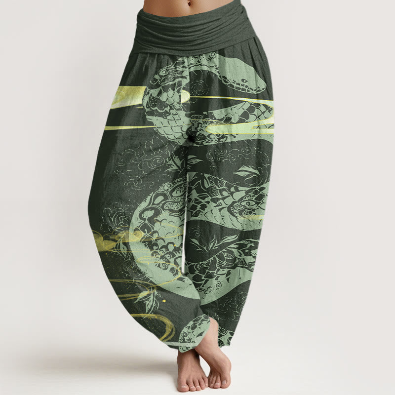 Damskie spodnie haremowe z elastyczną talią i bawełnianymi, Buddha Stones, chmurami pomyślności i wzorem węża - ForestGreen - US22, UK/AU26, EU54 (6XL) - image 4