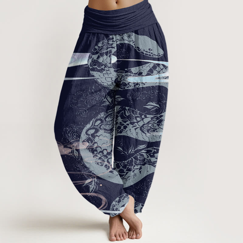 Damskie spodnie haremowe z elastyczną talią i bawełnianymi, Buddha Stones, chmurami pomyślności i wzorem węża - Ciemnoniebieski - US22, UK/AU26, EU54 (6XL) - image 7