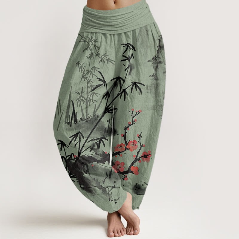 Damskie spodnie haremowe z elastyczną talią, z motywem kamieni Buddha Stones , kwiatów śliwy, bambusowych orchidei i chryzantem - Jasnozielony - US22, UK/AU26, EU54 (6XL) - image 4