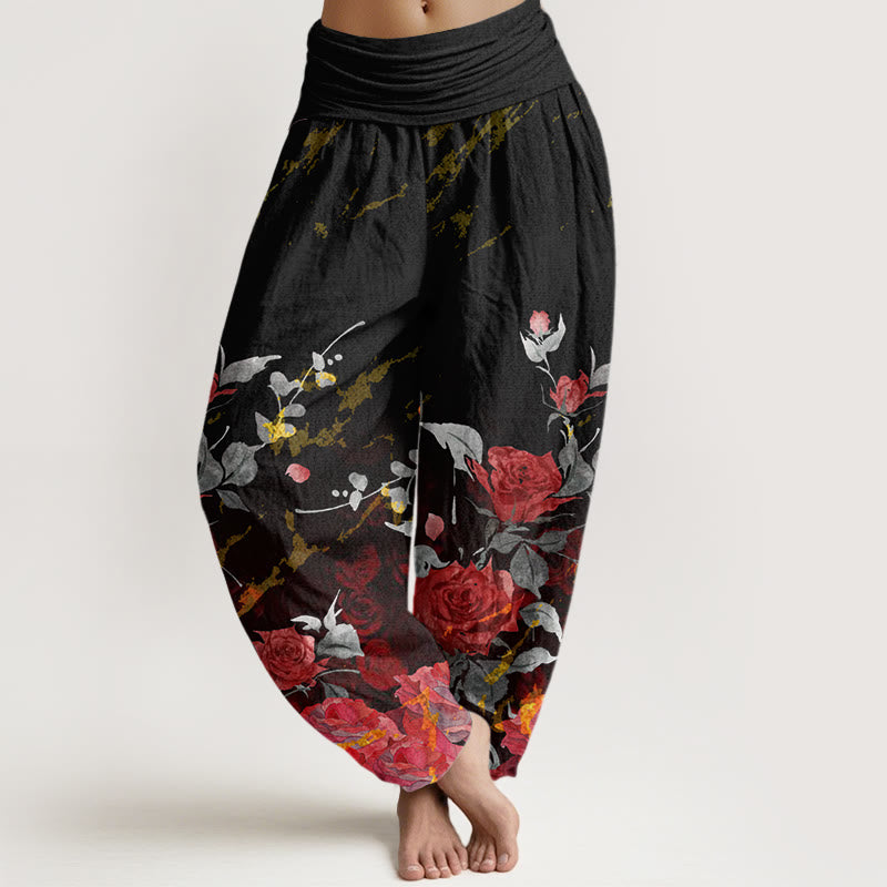 Spodnie haremowe damskie z elastycznym pasem i wzorem „Buddha Stones: Kwitnące róże” - Czarny - US22, UK/AU26, EU54 (6XL) - image 1