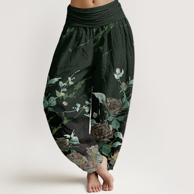 Spodnie haremowe damskie z elastycznym pasem i wzorem „Buddha Stones: Kwitnące róże” - Ciemnozielony - US22, UK/AU26, EU54 (6XL) - image 8