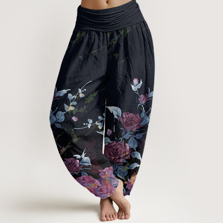Damskie spodnie haremowe z elastyczną talią i bawełnianą podszewką w kwiaty Buddha Stones - DarkSlateGray - US22, UK/AU26, EU54 (6XL) - image 4