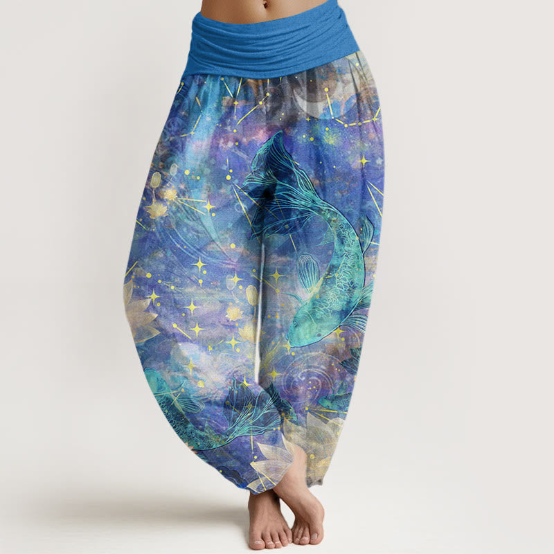 Buddha Stones Koi Ryba Lotos Księżyc Gwiazdy Wzór Damskie Spodnie Harem Elastyczna Talia - Chaber niebieski - US22, UK/AU26, EU54 (6XL) - image 1