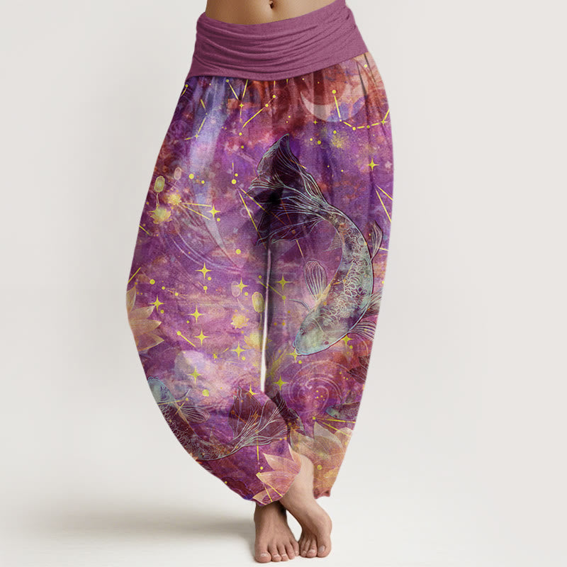 Buddha Stones haremowe damskie z elastyczną talią i bawełnianą podszewką z motywem ryb Koi, lotosu i gwiazd - Orchidea - US22, UK/AU26, EU54 (6XL) - image 4