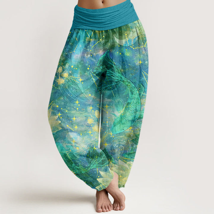 Buddha Stones Koi Ryba Lotos Księżyc Gwiazdy Wzór Damskie Spodnie Harem Elastyczna Talia - Ciemnoturkusowy - US22, UK/AU26, EU54 (6XL) - image 8