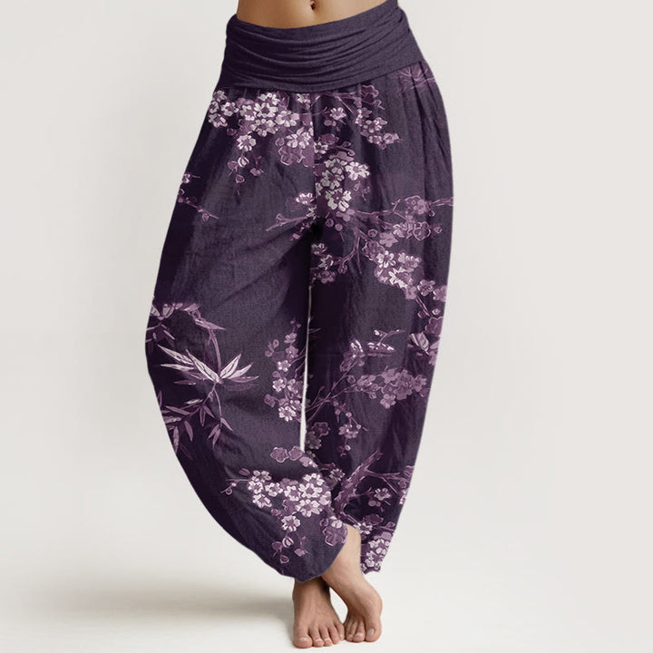 Buddha Stones Białe Sakura Kwiat Wzór Damskie Spodnie Harem Elastyczny Pas - Fioletowy - US22, UK/AU26, EU54 (6XL) - image 5