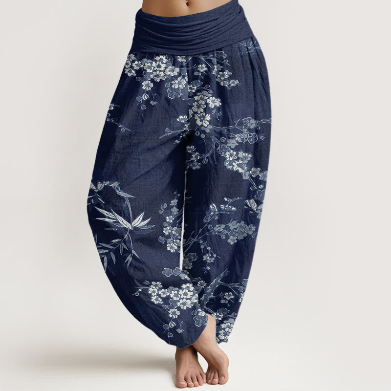 Spodnie haremowe damskie z elastyczną talią i bawełnianą białą sakurą z motywem kamieni Buddha Stones - MidnightBlue - US22, UK/AU26, EU54 (6XL) - image 0