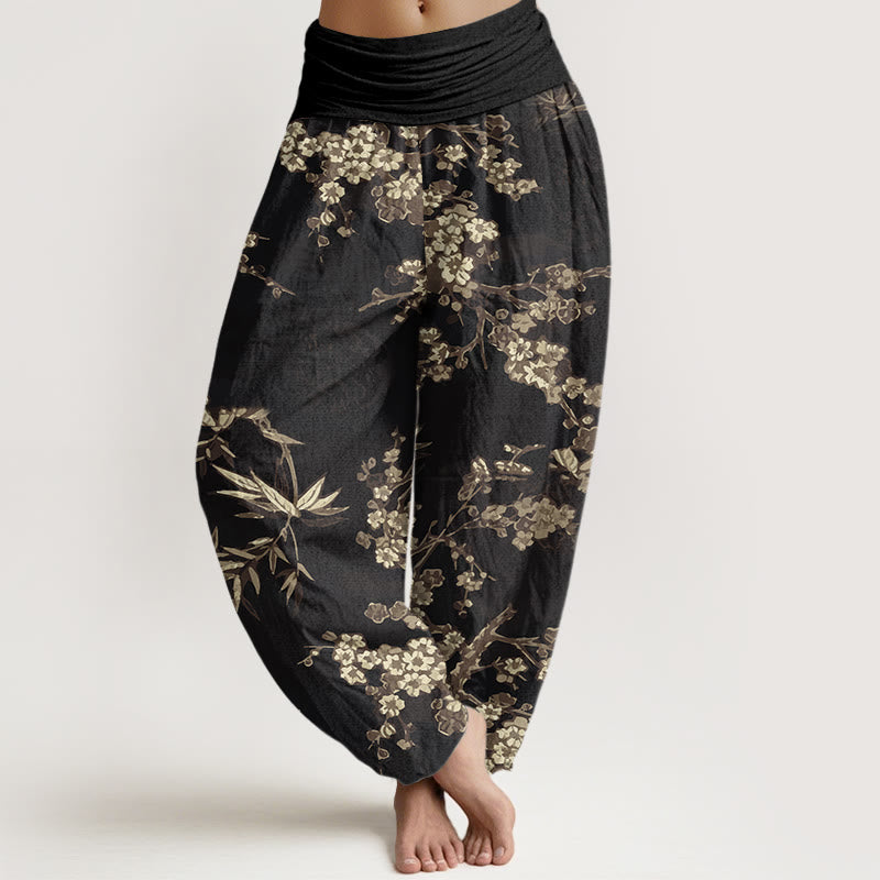 Buddha Stones Białe Sakura Kwiat Wzór Damskie Spodnie Harem Elastyczny Pas - Czarny - US22, UK/AU26, EU54 (6XL) - image 8