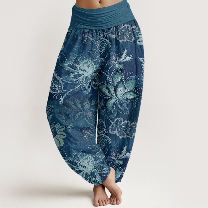 Spodnie haremowe damskie z elastyczną talią i bawełnianymi, swobodnymi, kwiatowymi Buddha Stones - Stalowoniebieski - US22, UK/AU26, EU54 (6XL) - image 4