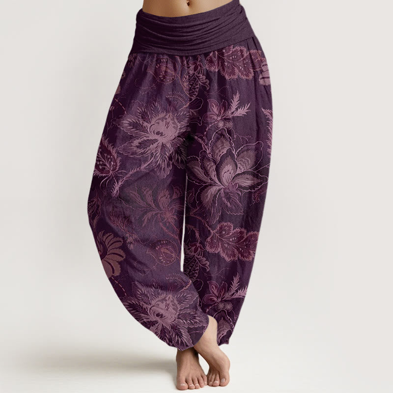 Spodnie haremowe damskie z elastyczną talią i bawełnianymi, swobodnymi, kwiatowymi Buddha Stones - Fioletowy - US22, UK/AU26, EU54 (6XL) - image 7