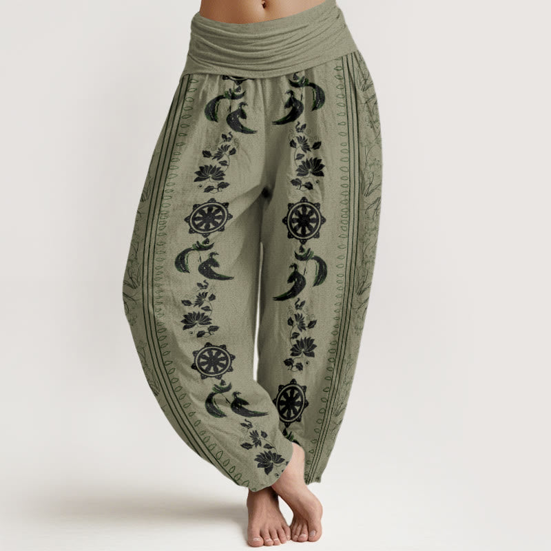 Buddha Stones Koło Dharmy Lotos OM Wzór Damskie Spodnie Harem Elastyczna Talia - Ciemny Khaki - US22, UK/AU26, EU54 (6XL) - image 5