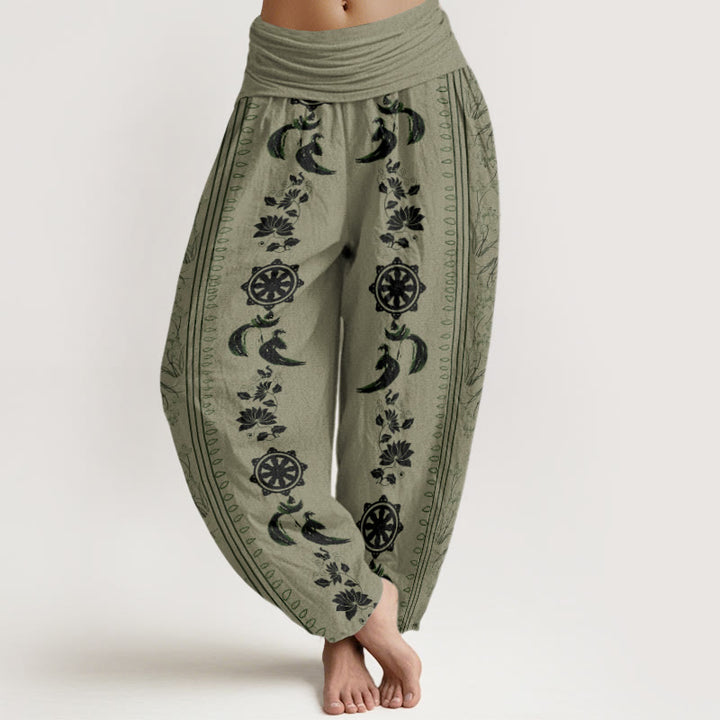 Buddha Stones Koło Dharmy Lotos OM Wzór Damskie Spodnie Harem Elastyczna Talia - Ciemny Khaki - US22, UK/AU26, EU54 (6XL) - image 5