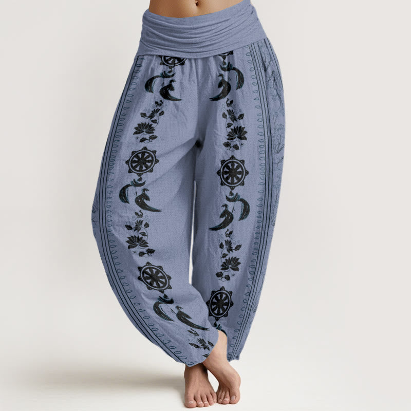 Buddha Stones Koło Dharmy Lotos OM Wzór Damskie Spodnie Harem Elastyczna Talia - Chaber niebieski - US22, UK/AU26, EU54 (6XL) - image 1