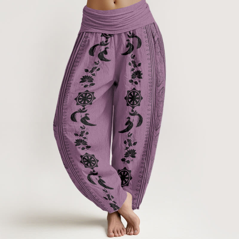 Spodnie haremowe damskie z elastyczną talią i bawełnianym wzorem koła Dharmy z motywem lotosu i Buddha Stones - Śliwka - US22, UK/AU26, EU54 (6XL) - image 5