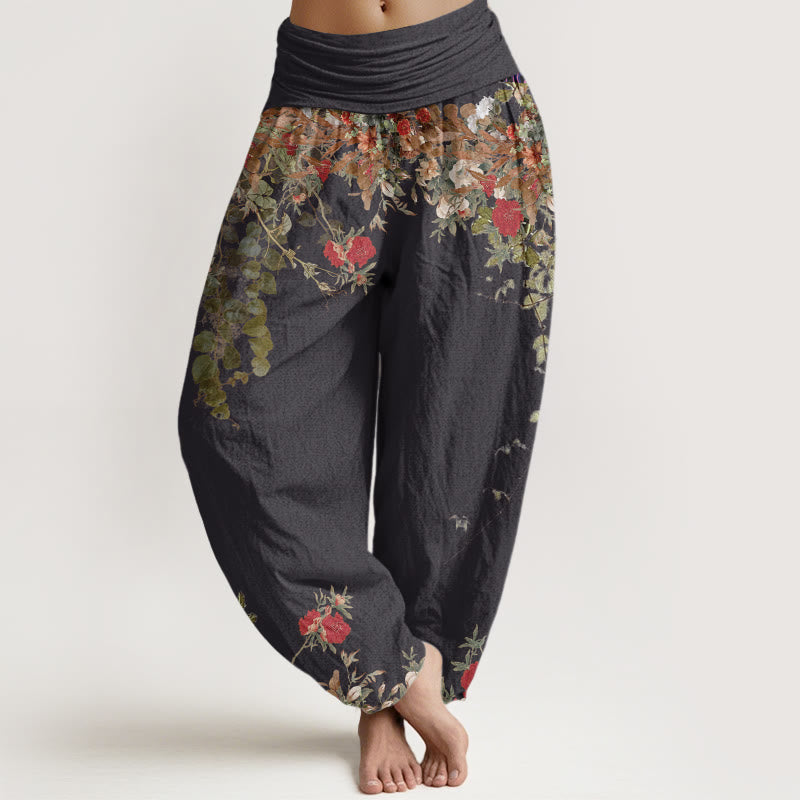 Damskie spodnie haremowe z elastycznej talii z motywem kwiatów piwonii i Buddha Stones, bawełniane, casualowe, w kolorze czerwonym - Czarny - US22, UK/AU26, EU54 (6XL) - image 0