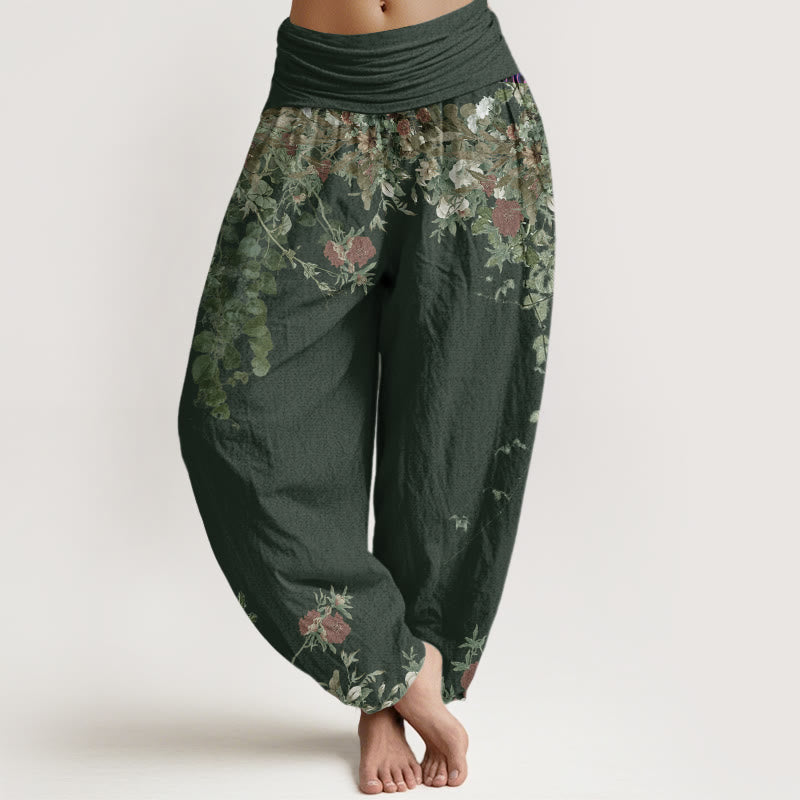 Damskie spodnie haremowe z elastycznej talii z motywem kwiatów piwonii i Buddha Stones, bawełniane, casualowe, w kolorze czerwonym - DarkSeaGreen - US22, UK/AU26, EU54 (6XL) - image 4