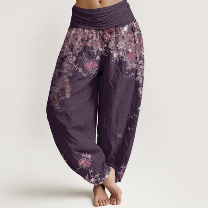 Damskie spodnie haremowe z elastycznej talii z motywem kwiatów piwonii i Buddha Stones, bawełniane, casualowe, w kolorze czerwonym - Śliwka - US22, UK/AU26, EU54 (6XL) - image 7