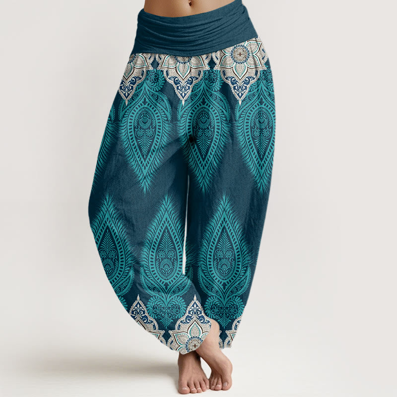 Buddha Stones Casual Feather Flower Design Damskie spodnie haremowe z elastyczną talią - Ciemnoturkusowy - US22, UK/AU26, EU54 (6XL) - image 1