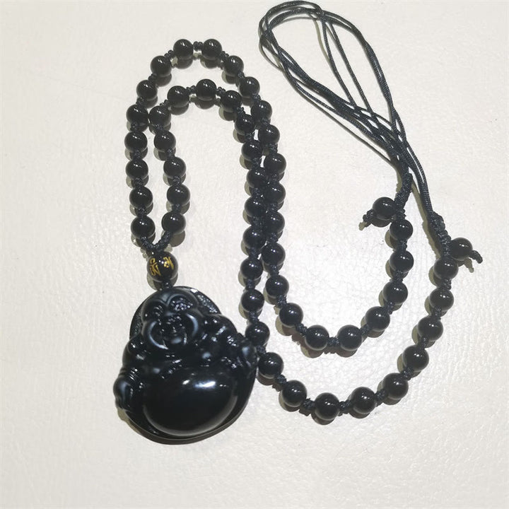 Buddha Stones Naturalny Czarny Obsydian Lodowy Obsydian Śmiejący się Budda Naszyjnik Oczyszczający Wisiorek