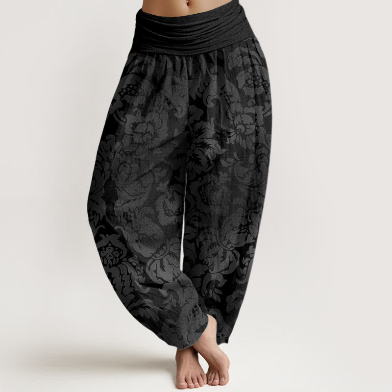 Buddha Stones Casual Kwiaty Liście Projekt Damskie Elastyczne Spodnie Haremowe - Czarny - US22, UK/AU26, EU54 (6XL) - image 5
