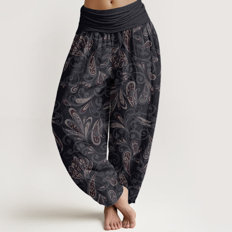 Spodnie haremki damskie z elastycznym pasem i bawełny z motywem płatków kwiatów i Buddha Stones - Czarny - US22, UK/AU26, EU54 (6XL) - image 0