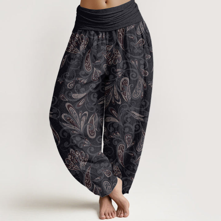 Spodnie haremki damskie z elastycznym pasem i bawełny z motywem płatków kwiatów i Buddha Stones - Czarny - US22, UK/AU26, EU54 (6XL) - image 0