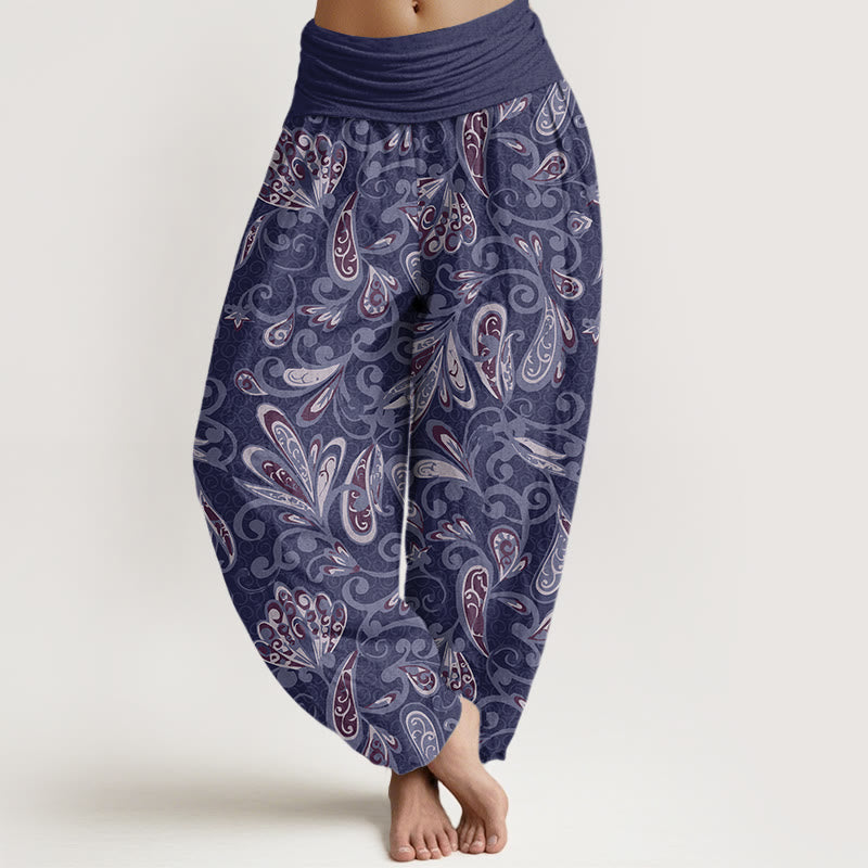 Spodnie haremki damskie z elastycznym pasem i bawełny z motywem płatków kwiatów i Buddha Stones - SlateBlue - US22, UK/AU26, EU54 (6XL) - image 4