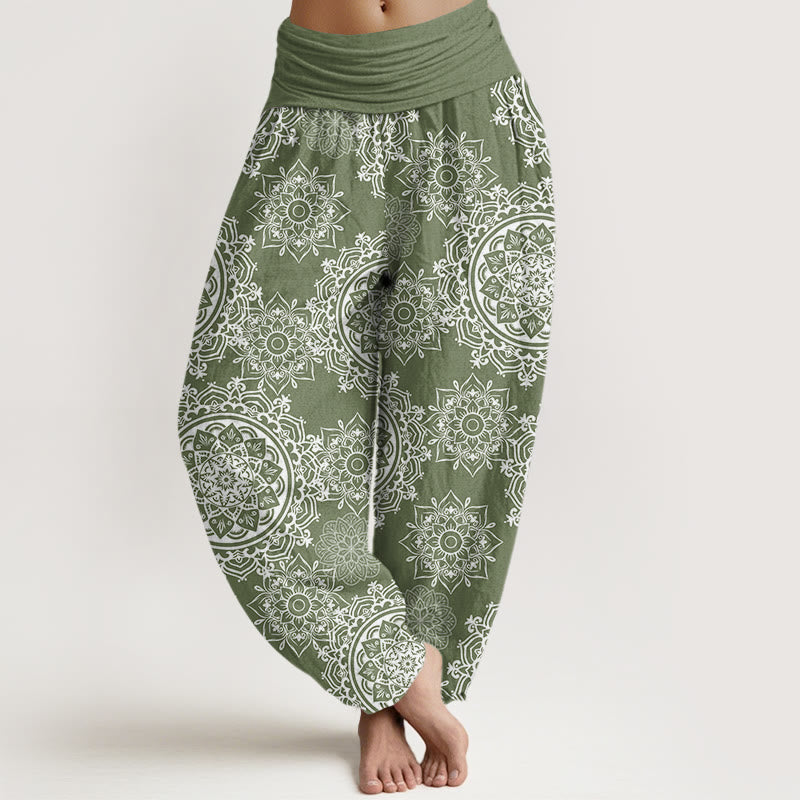 Buddha Stones Casual Białe Mandala Kwiatowy Wzór Damskie Elastyczne Spodnie Haremowe - DarkSeaGreen - US22, UK/AU26, EU54 (6XL) - image 1