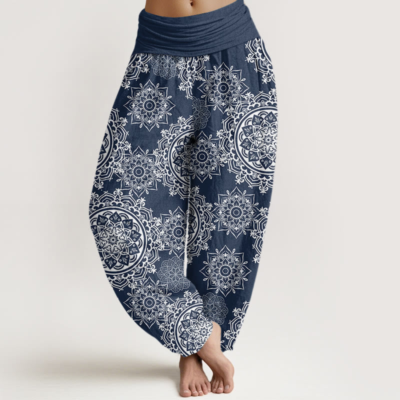 Buddha Stones Casual Białe Mandala Kwiatowy Wzór Damskie Elastyczne Spodnie Haremowe - Stalowoniebieski - US22, UK/AU26, EU54 (6XL) - image 8