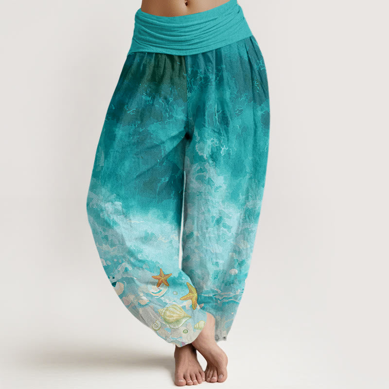 Spodnie haremowe damskie z elastycznym pasem i wzorem „Buddha Stones Vast Ocean” - LightSeaGreen - US22, UK/AU26, EU54 (6XL) - image 1
