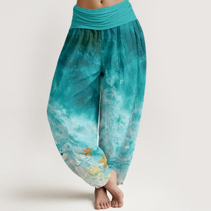 Spodnie haremowe damskie z elastycznym pasem i wzorem „Buddha Stones Vast Ocean” - LightSeaGreen - US22, UK/AU26, EU54 (6XL) - image 1